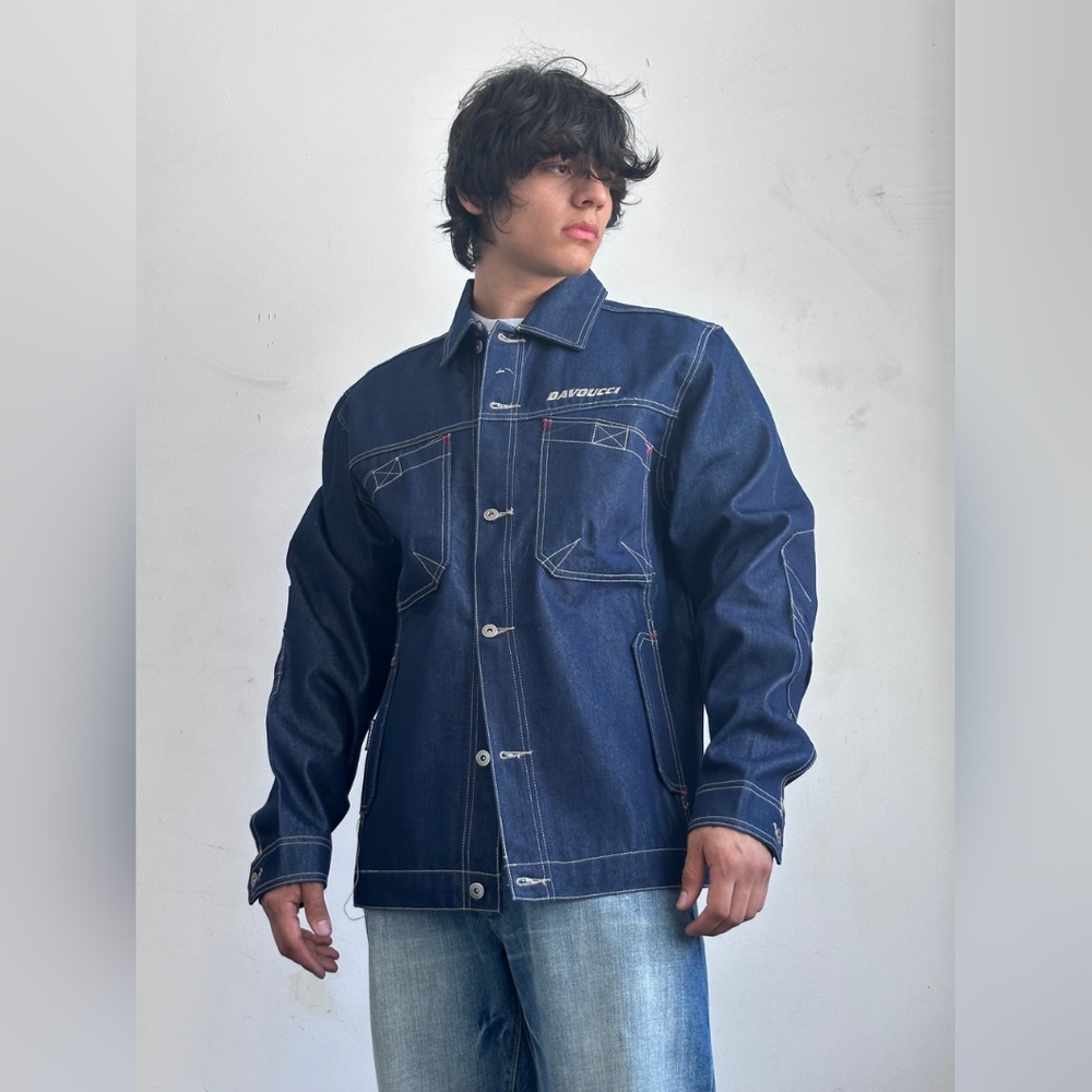 Men's Davoucci Blue | Khaki Stitch Casual Denim Jacket NWT